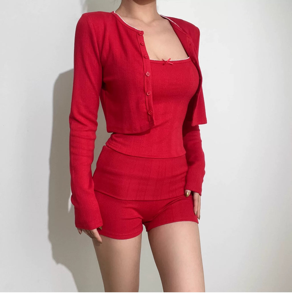 Conjunto de 3 piezas Coquette de canalé para estar por casa