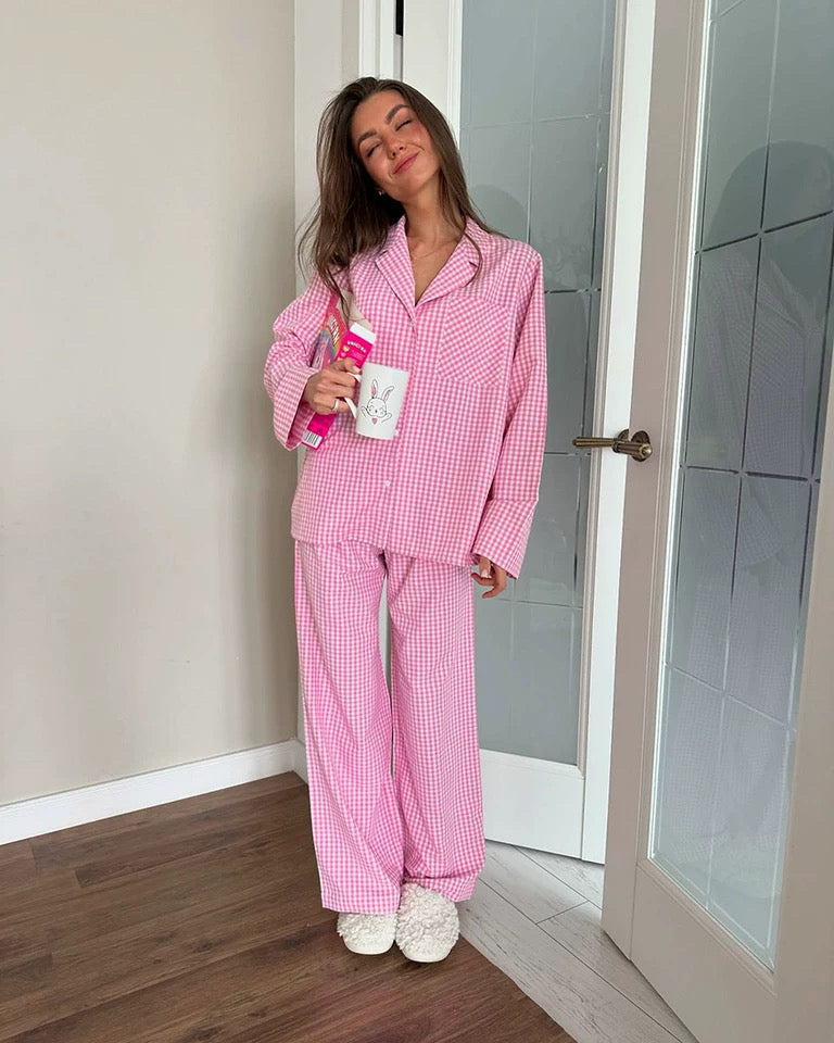 Pink Gingham – Kadın Kareli Pamuklu Pijama Takımı
