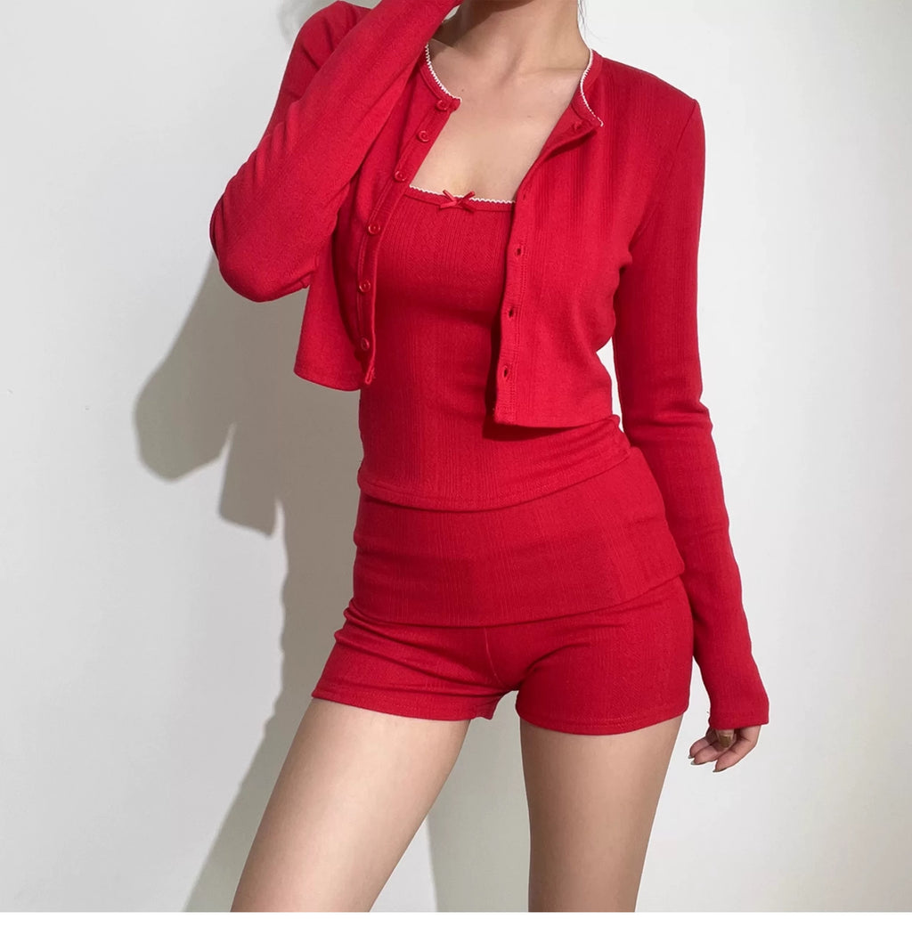 Conjunto de 3 piezas Coquette de canalé para estar por casa