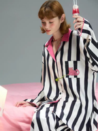 Pembe Yaka Cool Cat Çizgili Pijama Takımı