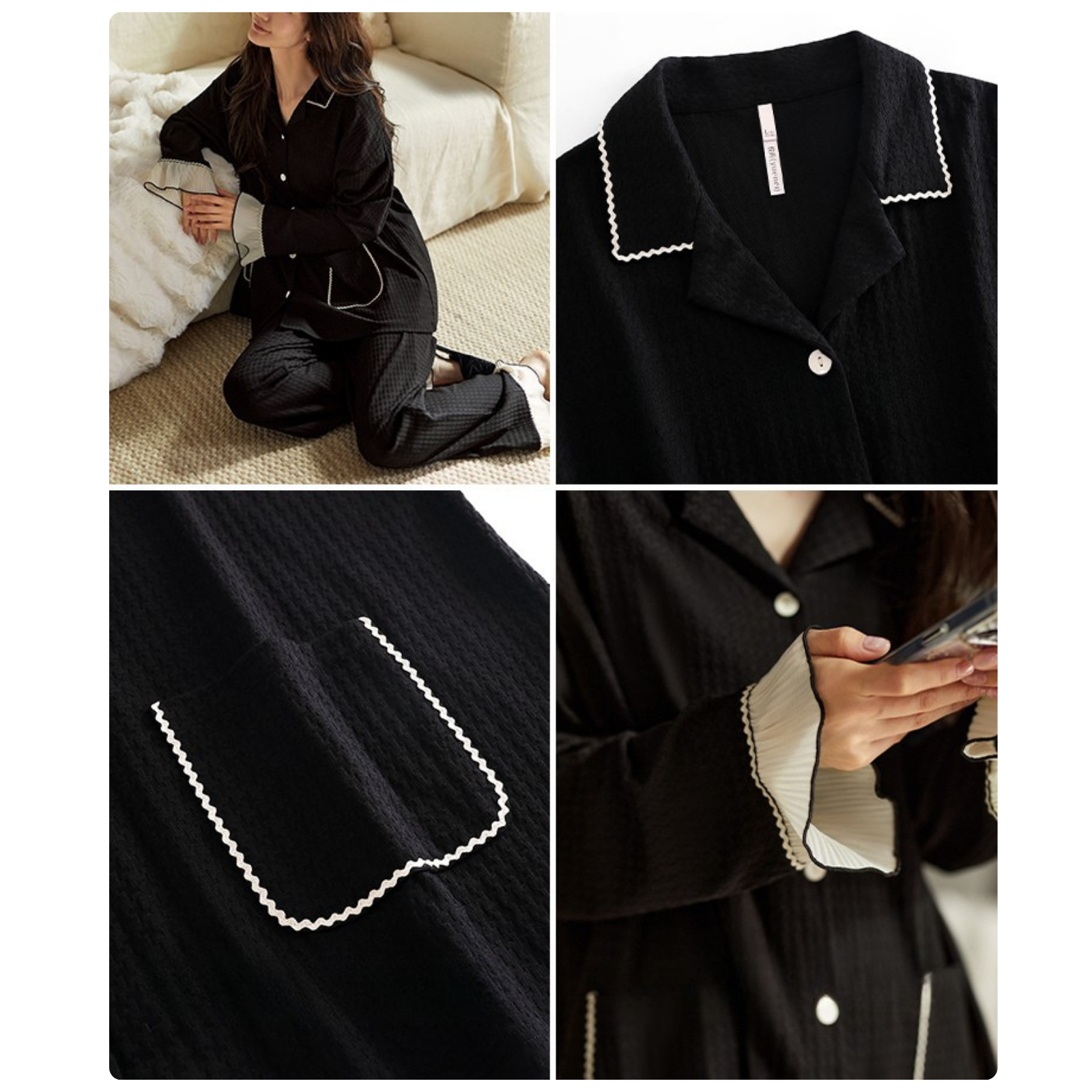 Siyah Fransız Stil Pamuklu Pijama Takımı