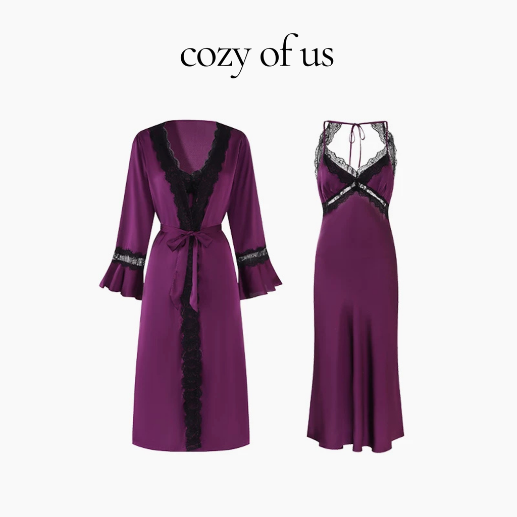 Fransız Stil Dantel Sırt Detaylı Lüks Kadın Gecelik & Sabahlık Set