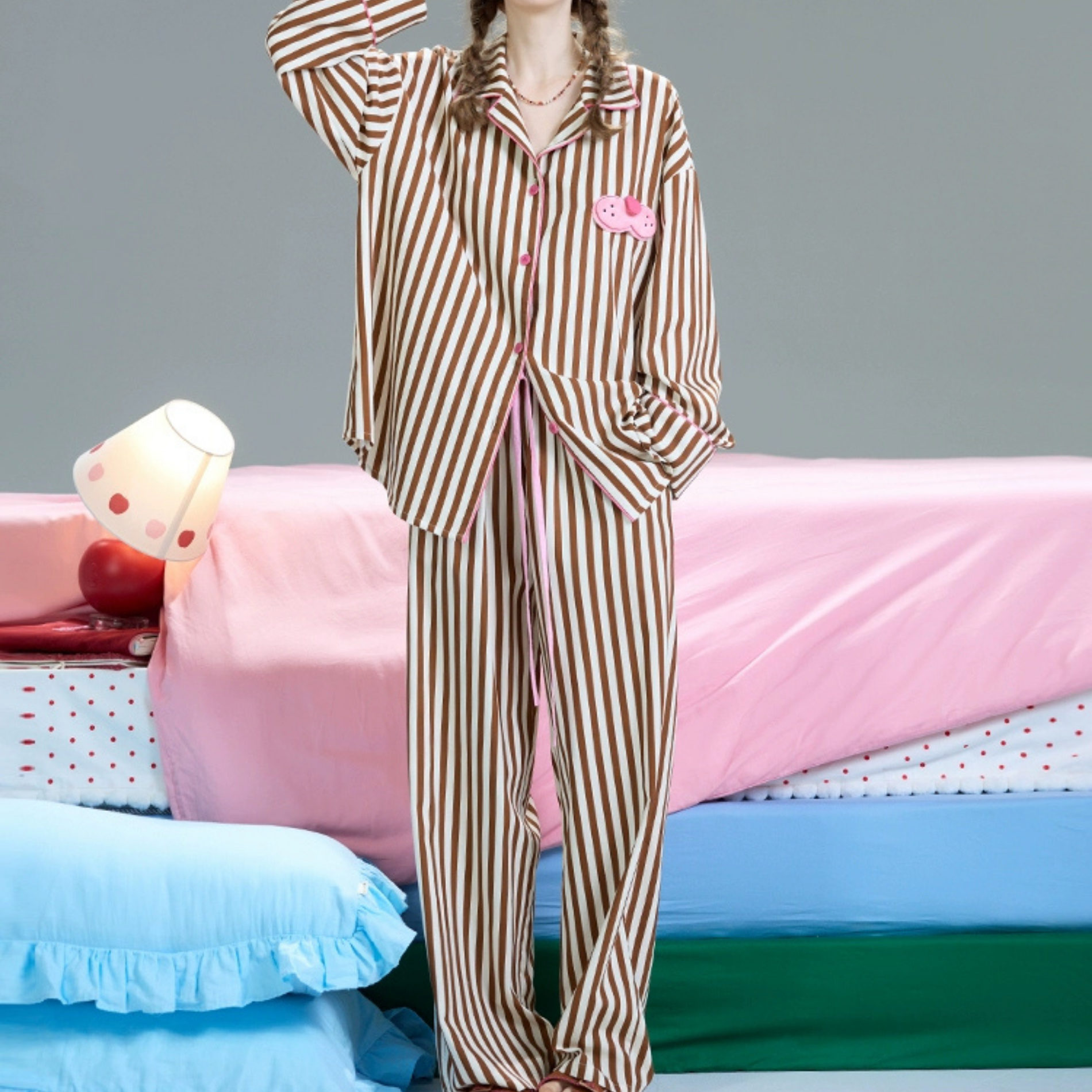 Cool Cat Signature Kahverengi Çizgili Pijama Takımı