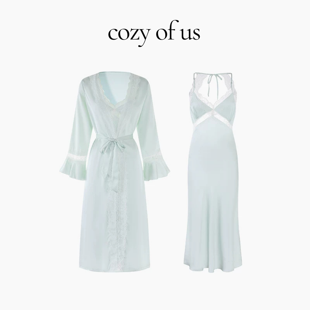 Fransız Stil Dantel Sırt Detaylı Lüks Kadın Gecelik & Sabahlık Set