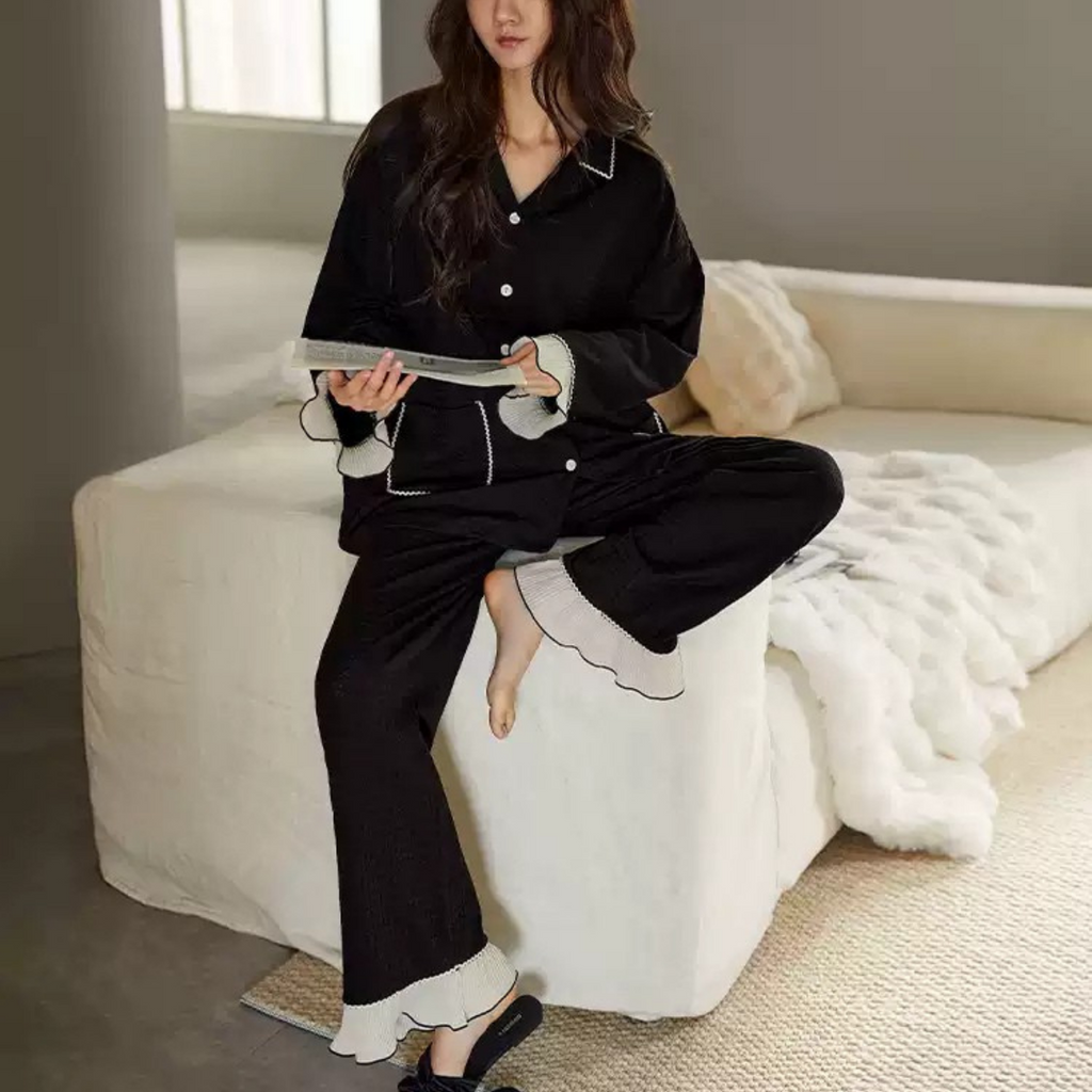 Siyah Fransız Stil Pamuklu Pijama Takımı