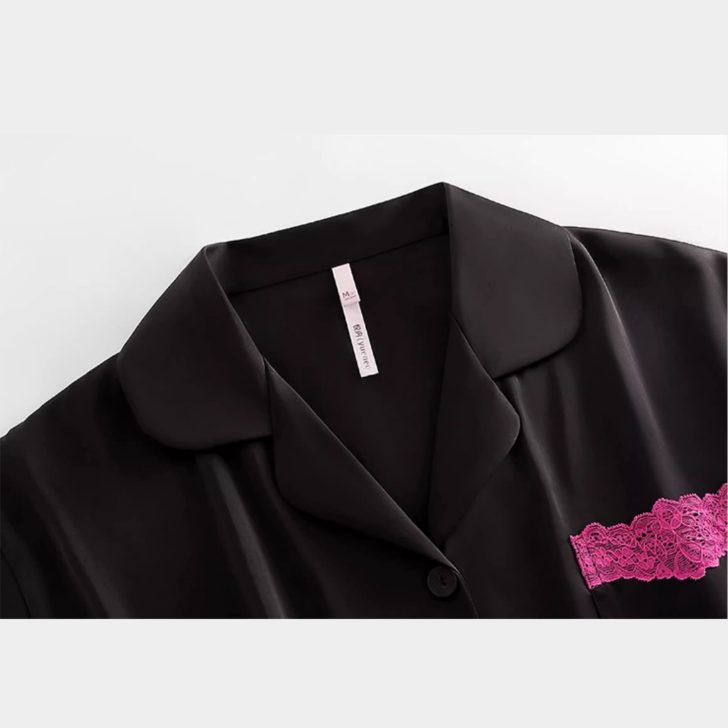 Siyah Dantel Detaylı Zarif İpeksi Pijama Takımı