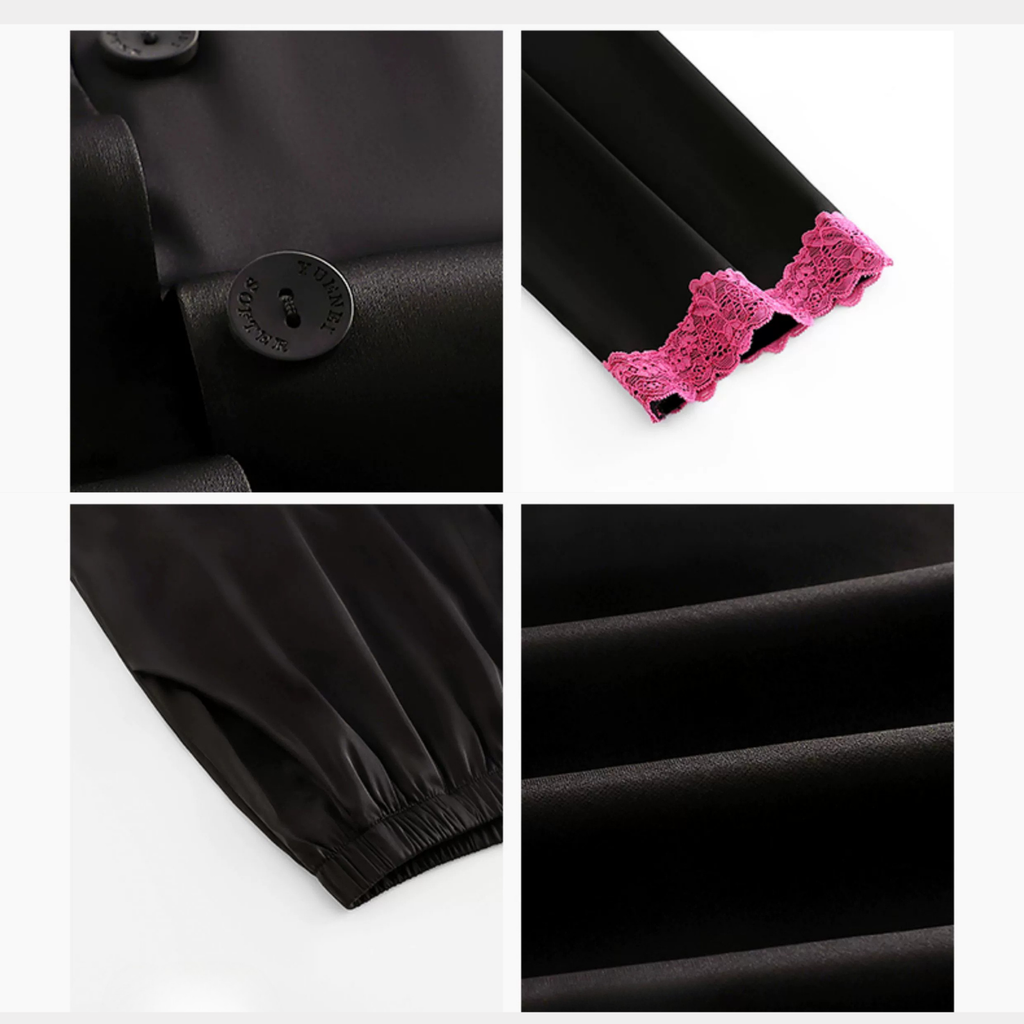 Siyah Dantel Detaylı Zarif İpeksi Pijama Takımı