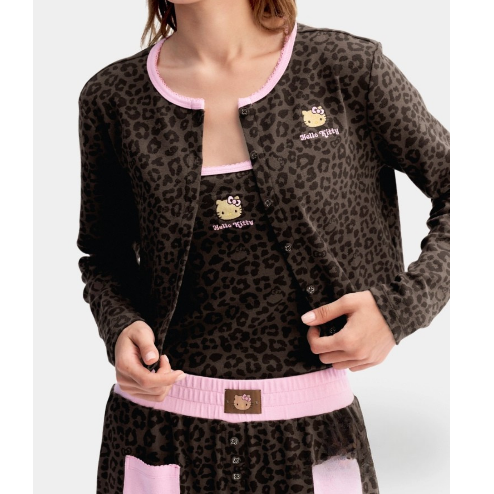 Hello Kitty Leopar Desenli Pamuklu Örme Hırka