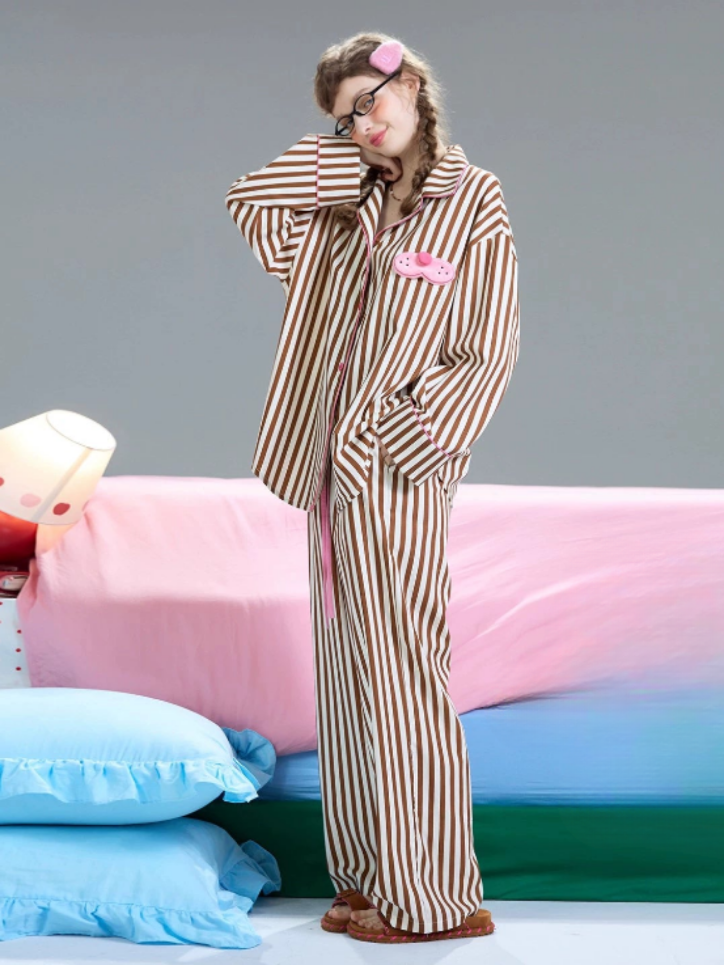 Cool Cat Signature Kahverengi Çizgili Pijama Takımı