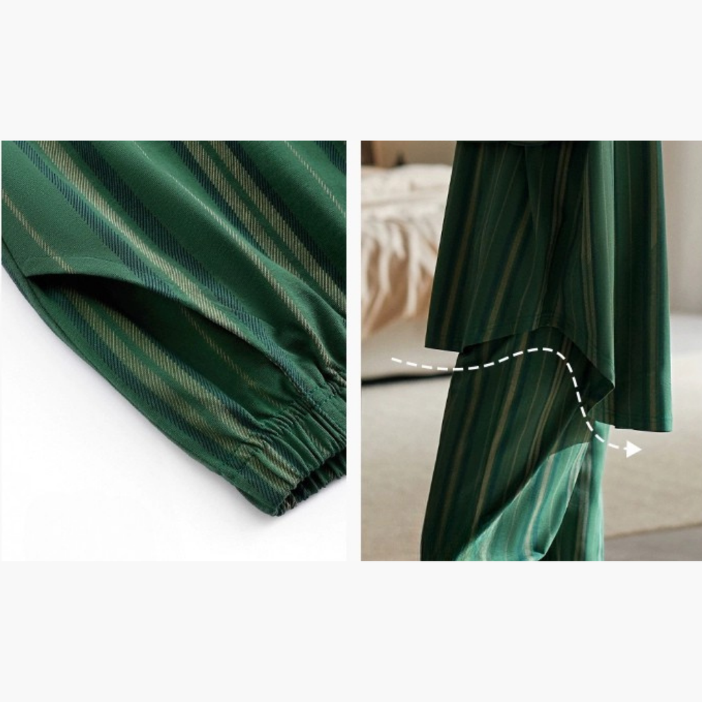Yeşil Klasik Çizgi Desenli Pamuklu Pijama Takımı