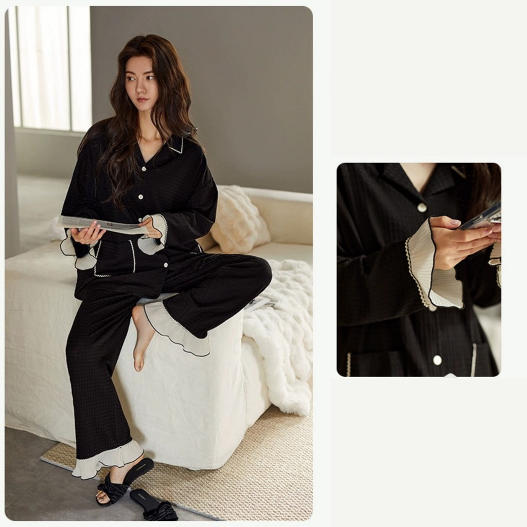 Siyah Fransız Stil Pamuklu Pijama Takımı