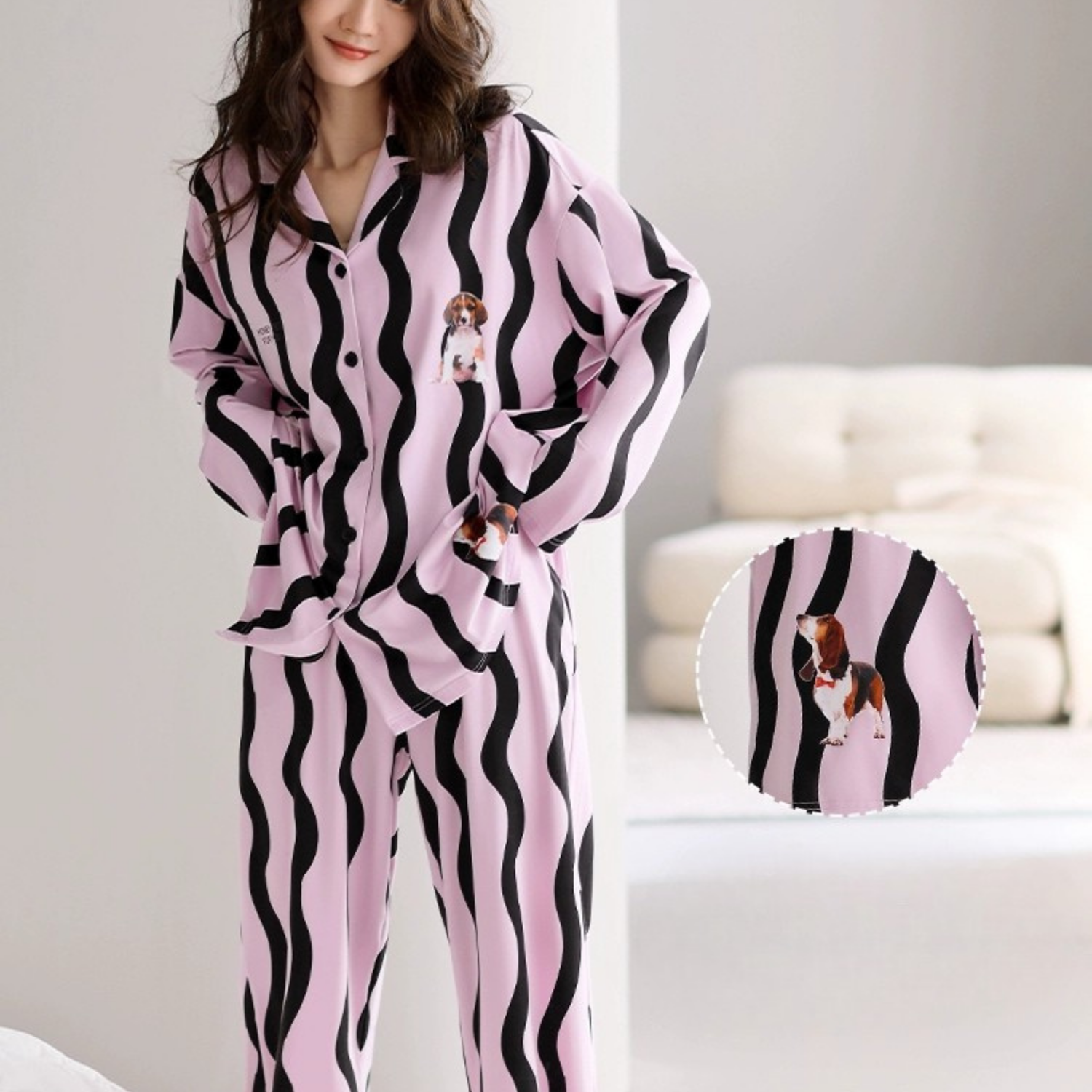 Mor Dalga Desenli Pamuklu Pijama Takımı