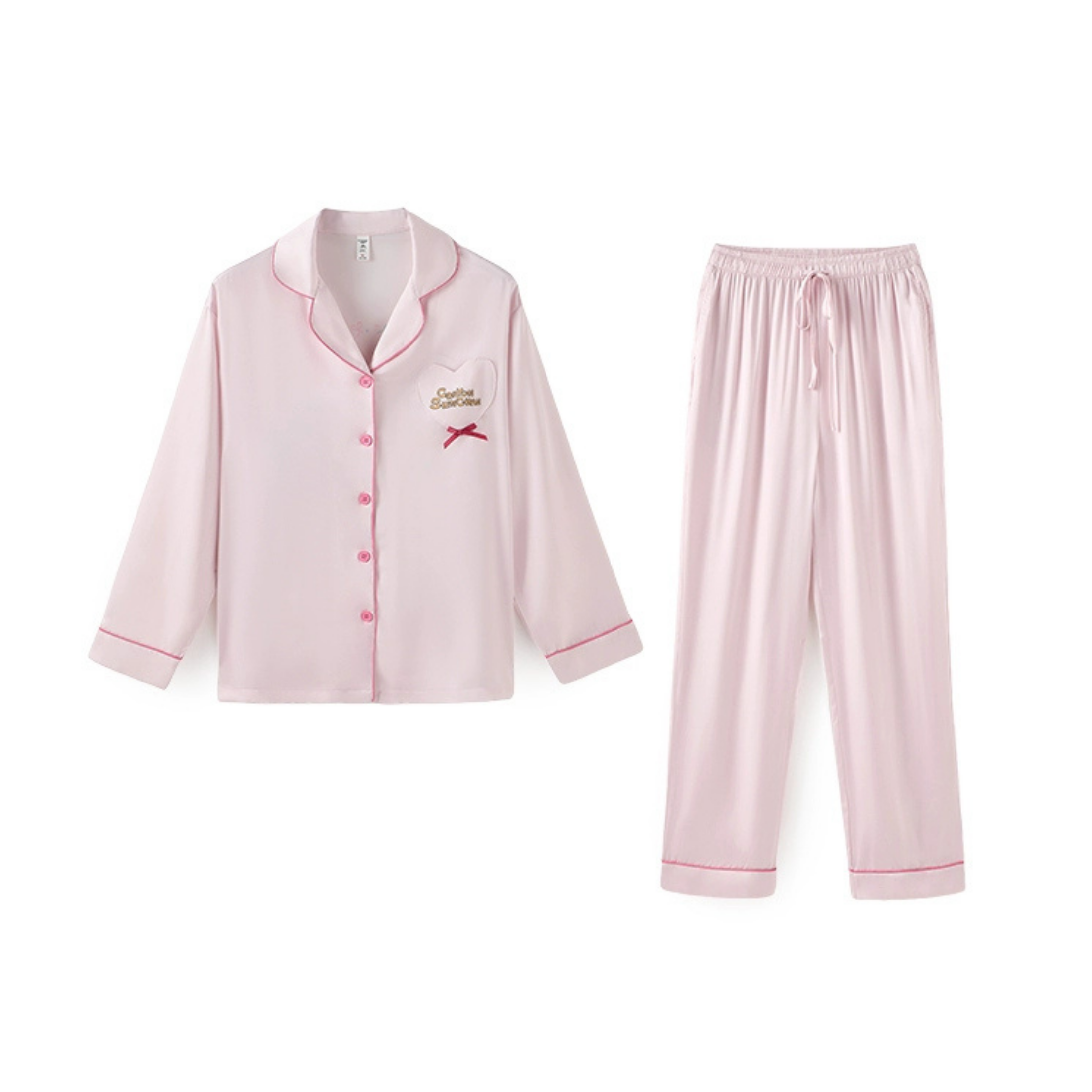Pembe Kalp Yaka Saten Pijama Takımı