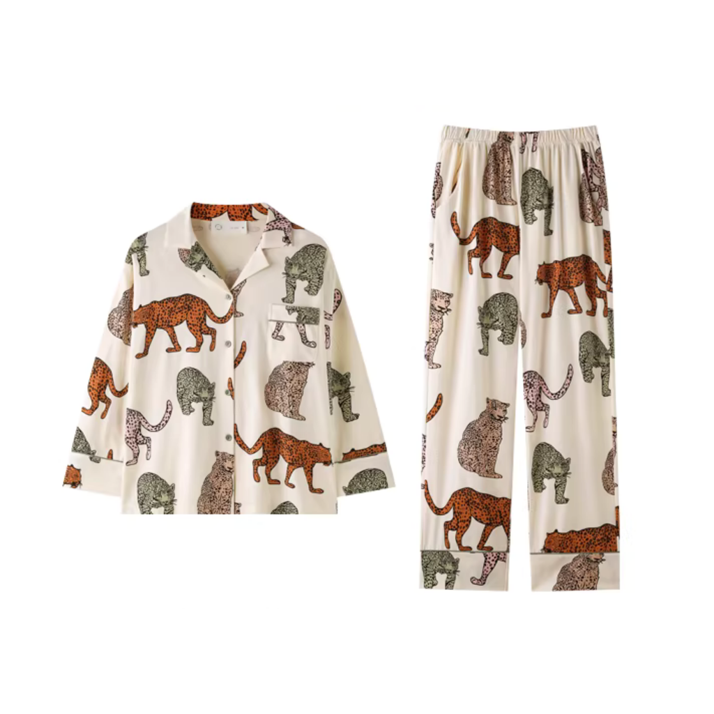 Leopar Desenli Renkli Baskılı Pamuklu Pijama Takımı