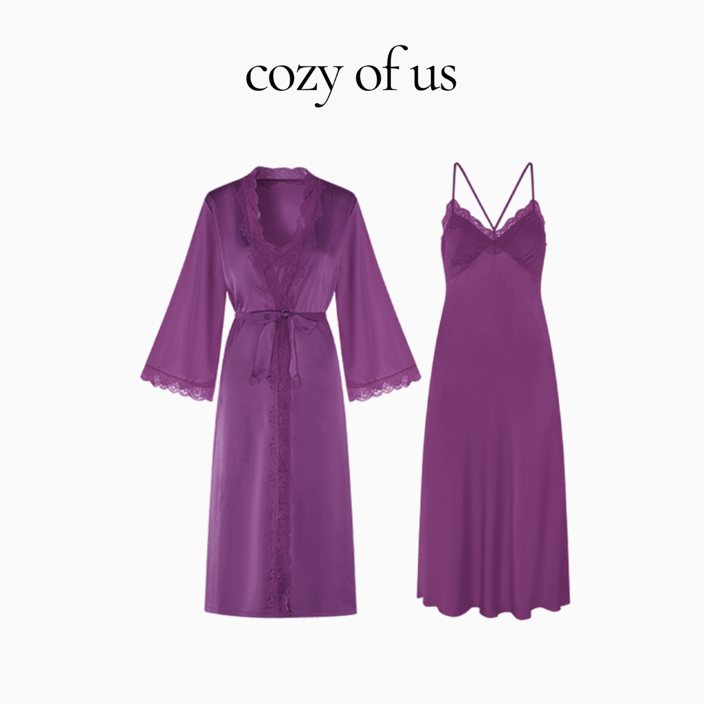 Fransız Yeni Stil Saten Dokulu Gecelik/Sabahlık Set