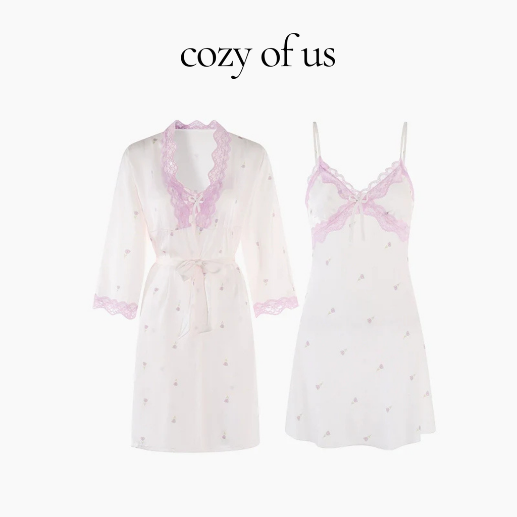 Fransız Yeni Stil Saten Dokulu İnce Model Saf Gecelik/Sabahlık Set