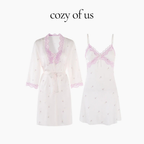 Fransız Yeni Stil Saten Dokulu İnce Model Saf Gecelik/Sabahlık Set