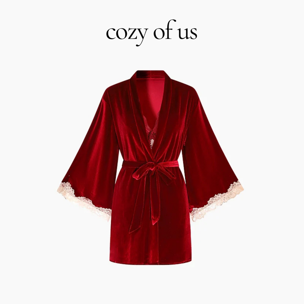 Fransız Yeni Stil Özel Kadife Dantel Gecelik/Sabahlık Set