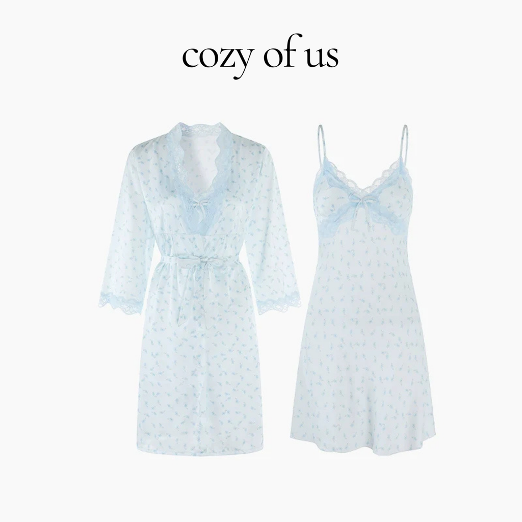 Fransız Yeni Stil Saten Dokulu İnce Model Saf Gecelik/Sabahlık Set