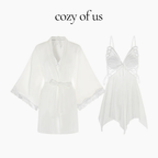 Fransız Yeni Stil Saten Dokulu Dantel Kelebek Gecelik/Sabahlık Set