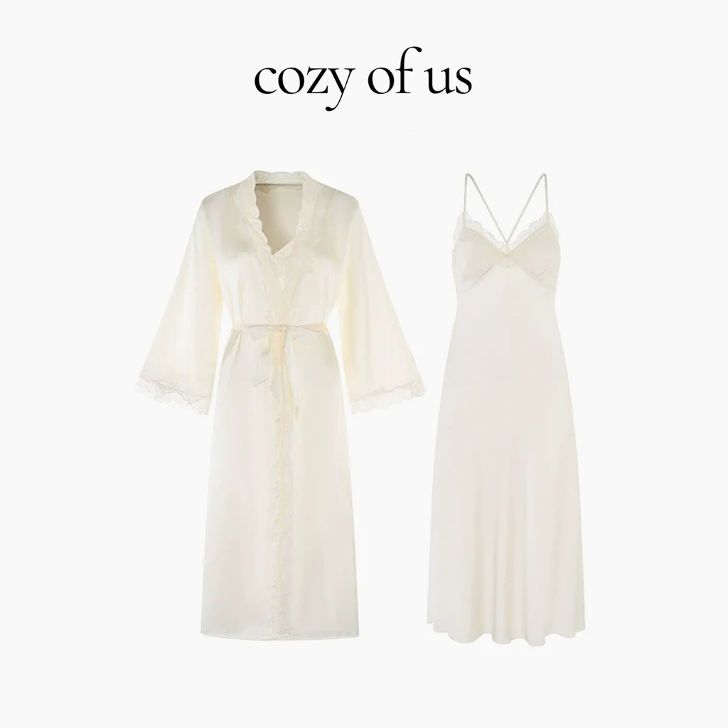 Fransız Yeni Stil Saten Dokulu Gecelik/Sabahlık Set