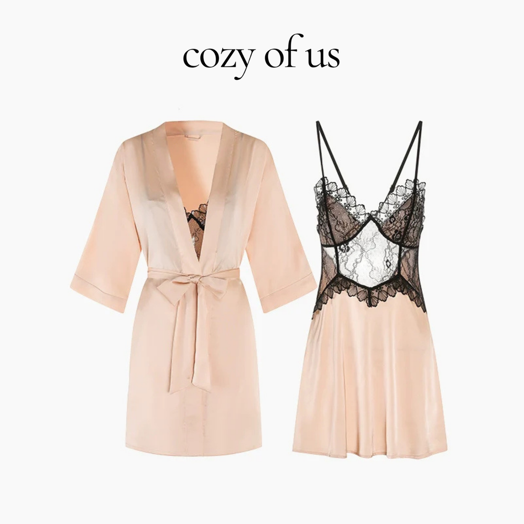 French New Style Satin Textured Pure Lace Nightgown/Morning Gown Set