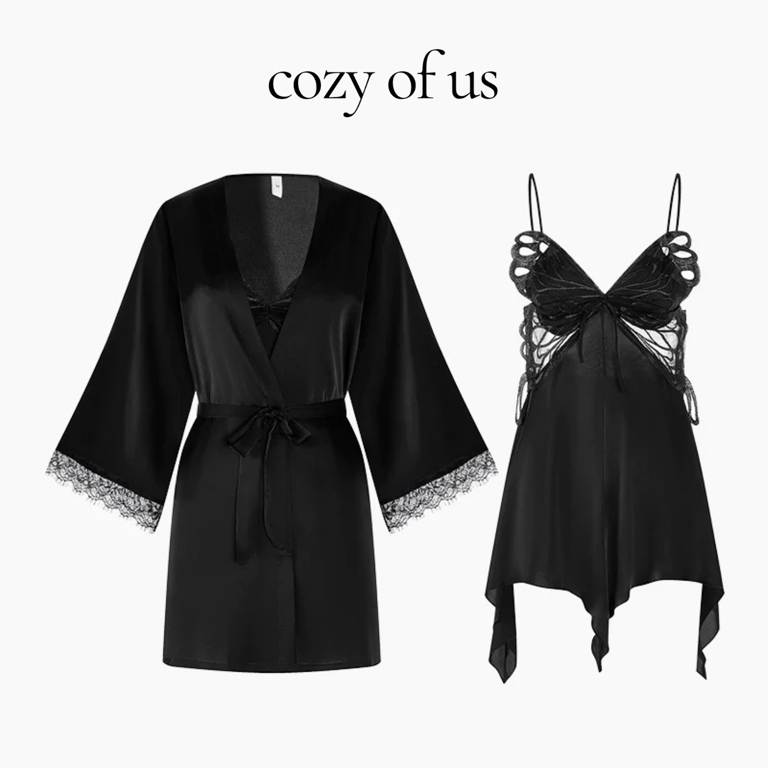 Fransız Yeni Stil Saten Dokulu Dantel Kelebek Gecelik/Sabahlık Set