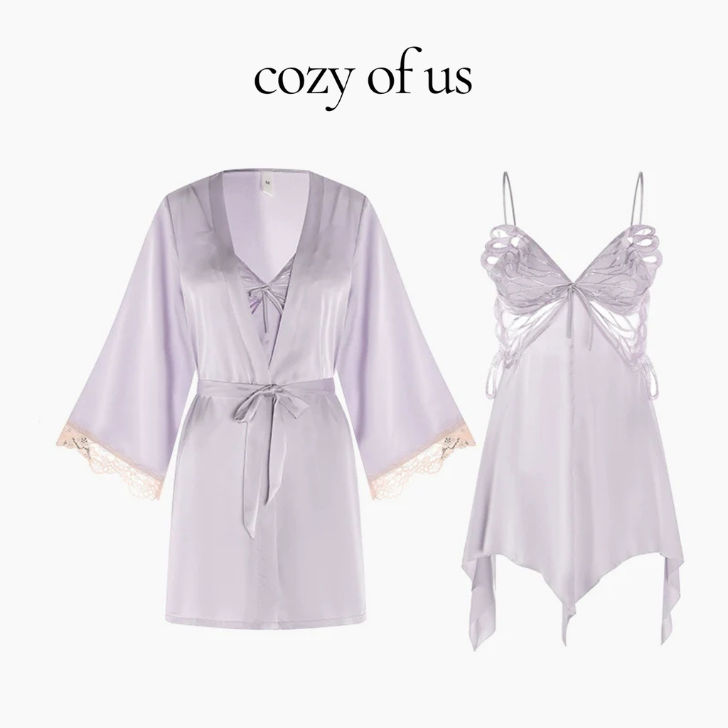 Fransız Yeni Stil Saten Dokulu Dantel Kelebek Gecelik/Sabahlık Set