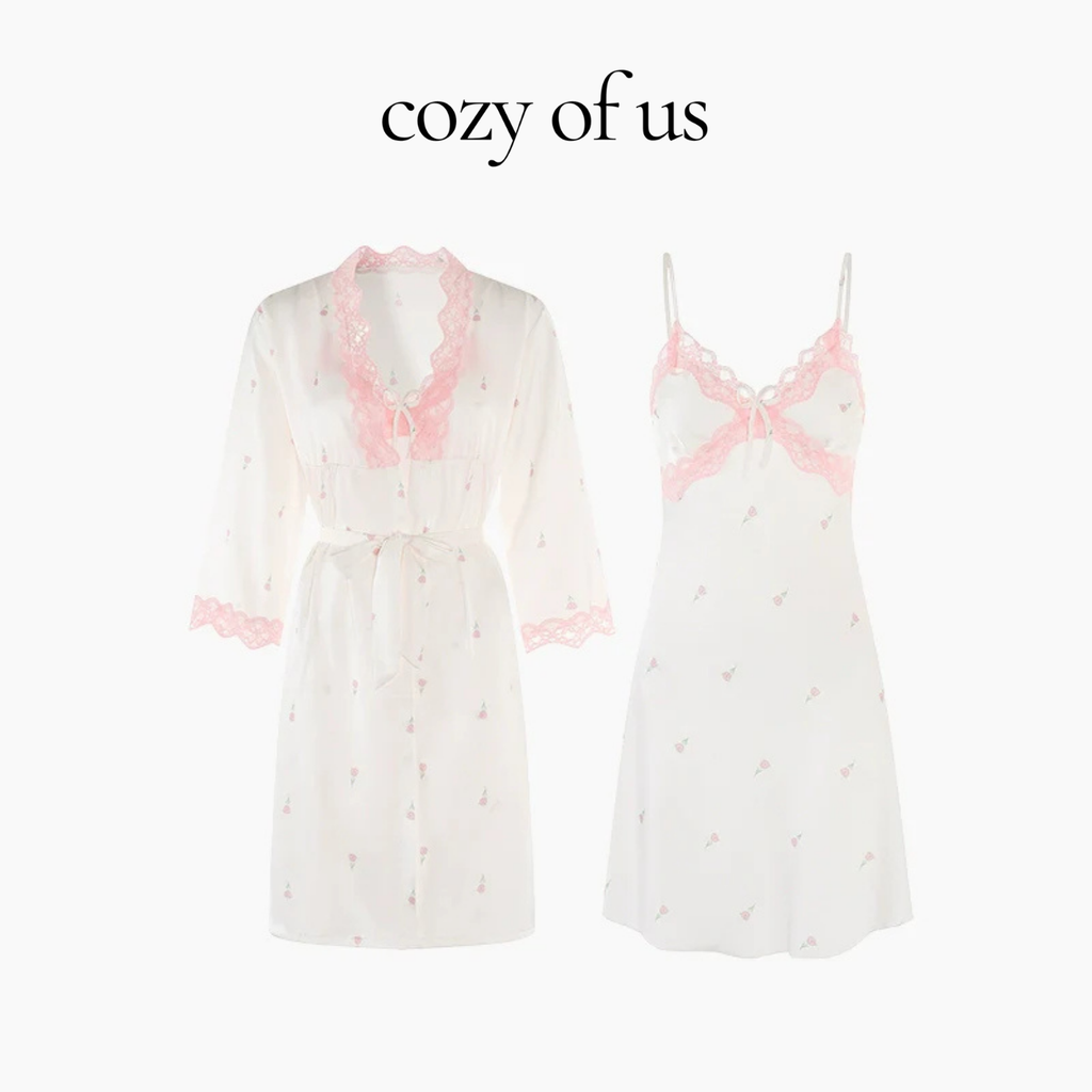 Fransız Yeni Stil Saten Dokulu İnce Model Saf Gecelik/Sabahlık Set