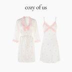 Fransız Yeni Stil Saten Dokulu İnce Model Saf Gecelik/Sabahlık Set