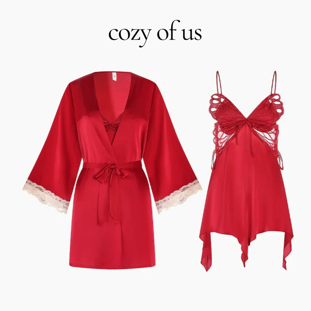 Fransız Yeni Stil Saten Dokulu Dantel Kelebek Gecelik/Sabahlık Set