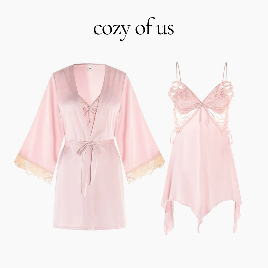 Fransız Yeni Stil Saten Dokulu Dantel Kelebek Gecelik/Sabahlık Set