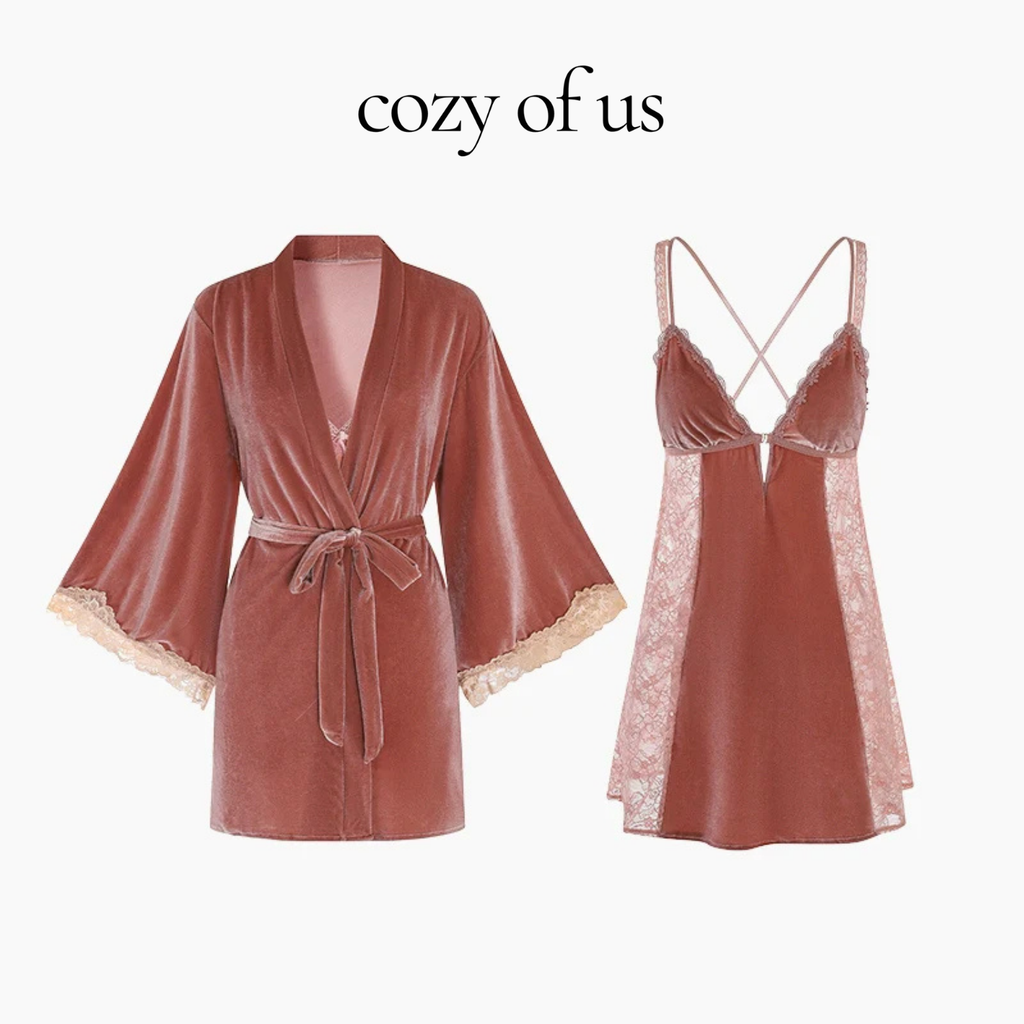 Fransız Yeni Stil Özel Kadife Dantel Gecelik/Sabahlık Set