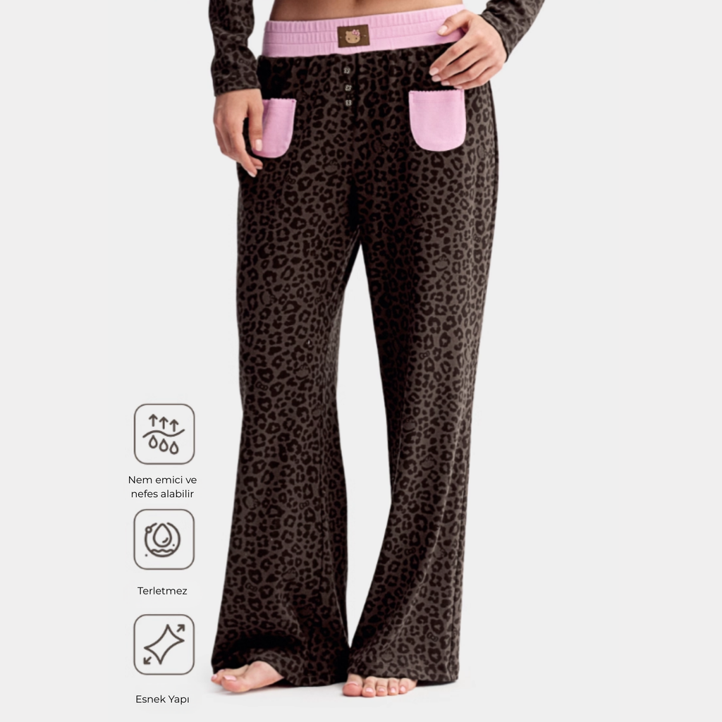 Hello Kitty Leopar Desenli Pamuklu Pantolon