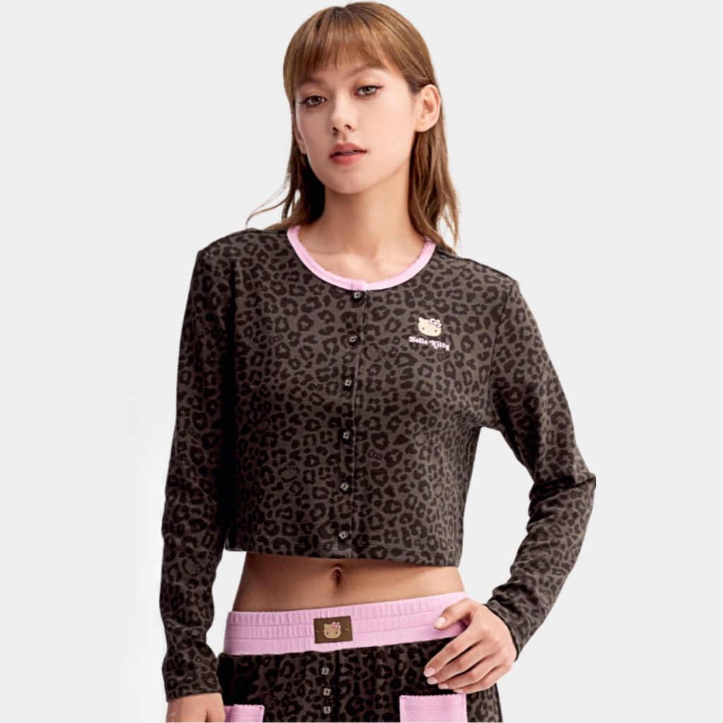 Hello Kitty Leopar Desenli Pamuklu Örme Hırka