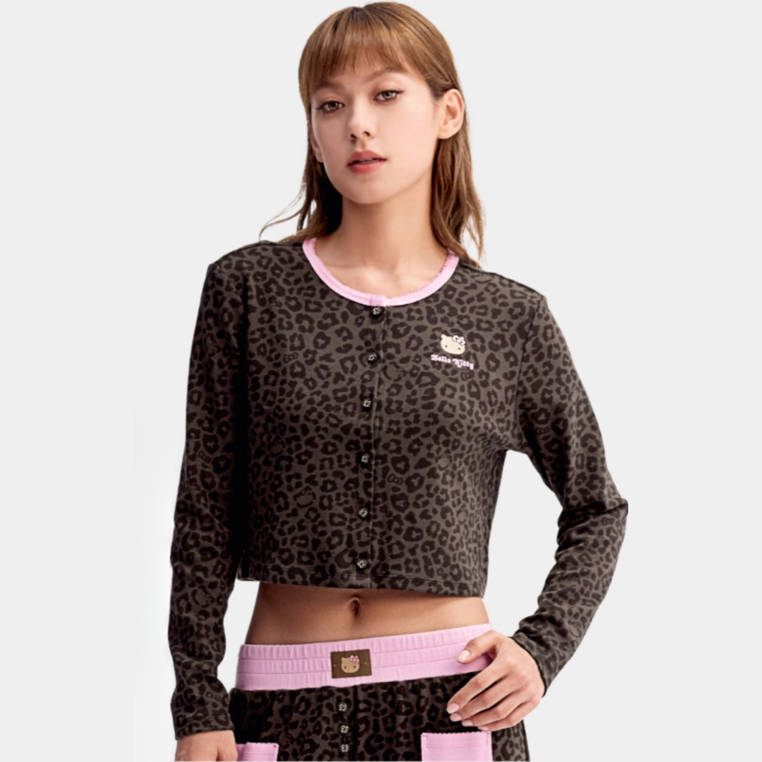 Hello Kitty Leopar Desenli Pamuklu Örme Hırka