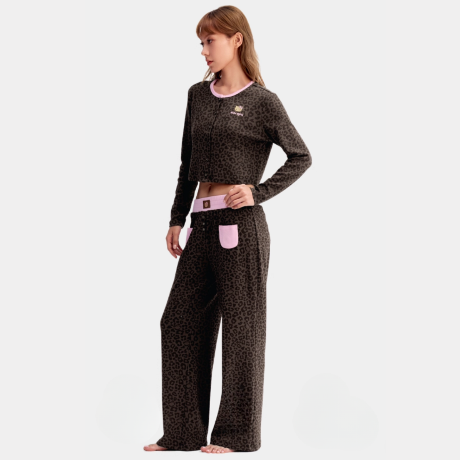 Hello Kitty Leopar Desenli Pamuklu Örme Hırka