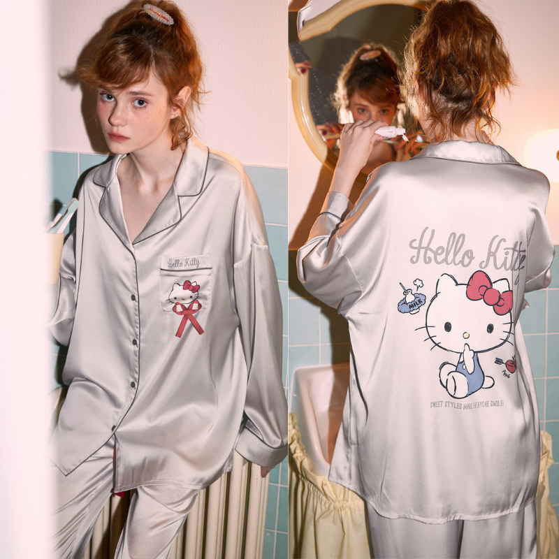 Bonjour Kitty – Uzun Kollu Saten Kadın Pijama Takımı