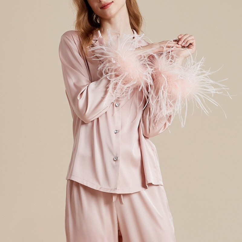 Feather Allure Pudra Pembe Tüy Detaylı Lüks Saten Sabahlık Set