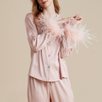 Feather Allure Pudra Pembe Tüy Detaylı Lüks Saten Sabahlık Set