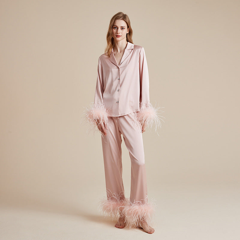 Feather Allure Pudra Pembe Tüy Detaylı Lüks Saten Sabahlık Set