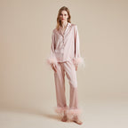 Feather Allure Pudra Pembe Tüy Detaylı Lüks Saten Sabahlık Set