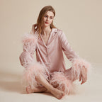 Feather Allure Pudra Pembe Tüy Detaylı Lüks Saten Sabahlık Set