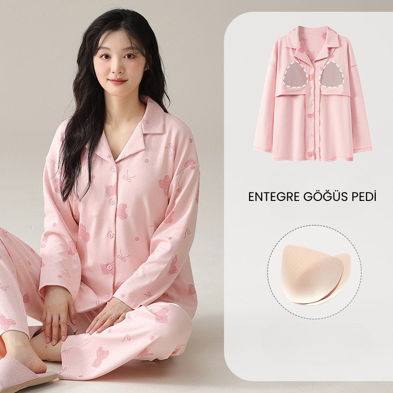 PureEase – Göğüs Pedli Pamuklu Pijama Takımı