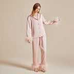 Feather Allure Pudra Pembe Tüy Detaylı Lüks Saten Sabahlık Set