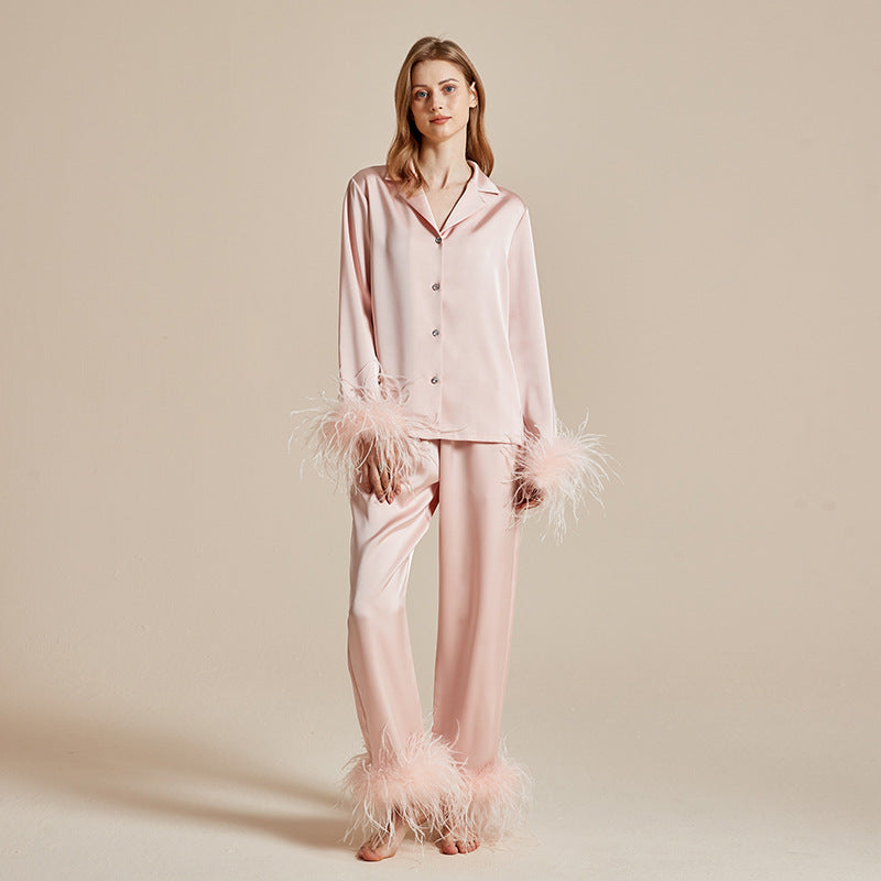 Feather Allure Pudra Pembe Tüy Detaylı Lüks Saten Sabahlık Set