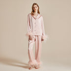 Feather Allure Pudra Pembe Tüy Detaylı Lüks Saten Sabahlık Set