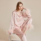 Feather Allure Pudra Pembe Tüy Detaylı Lüks Saten Sabahlık Set