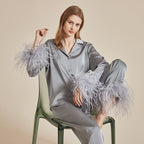 Feather Allure Grey Luxury Satin Robe Set with Feather Details