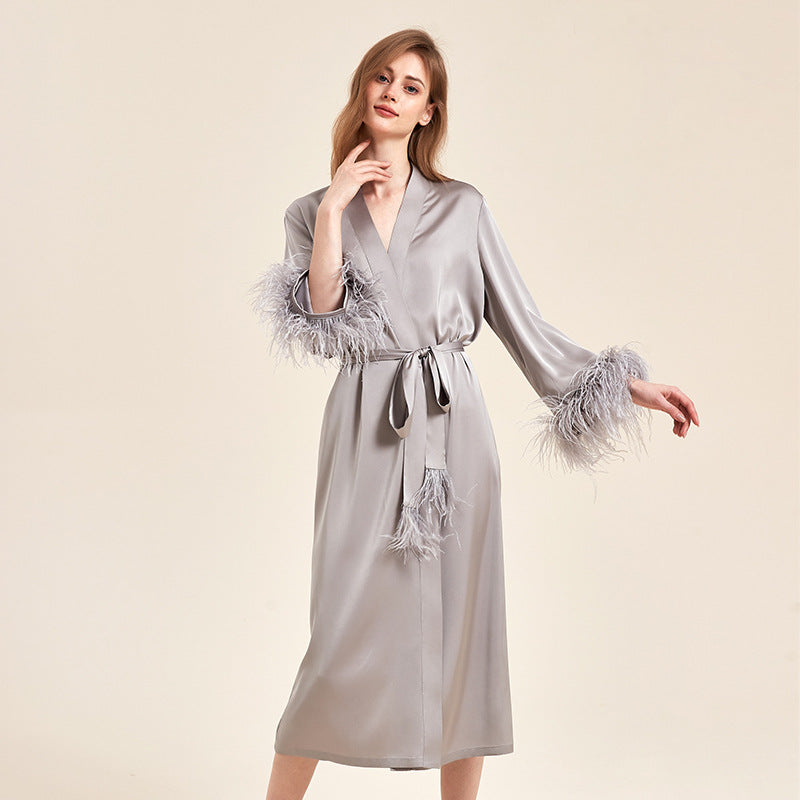 Feather Grace Grey Feathered Satin Robe